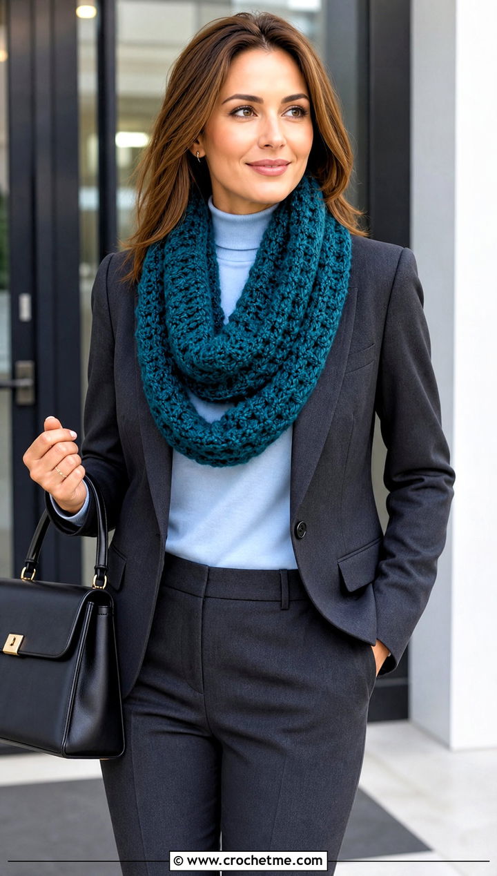 Chunky Infinity Crochet Scarf With Blazer And Tailored Trousers - 15 Thick Crochet Scarf outfit ideas