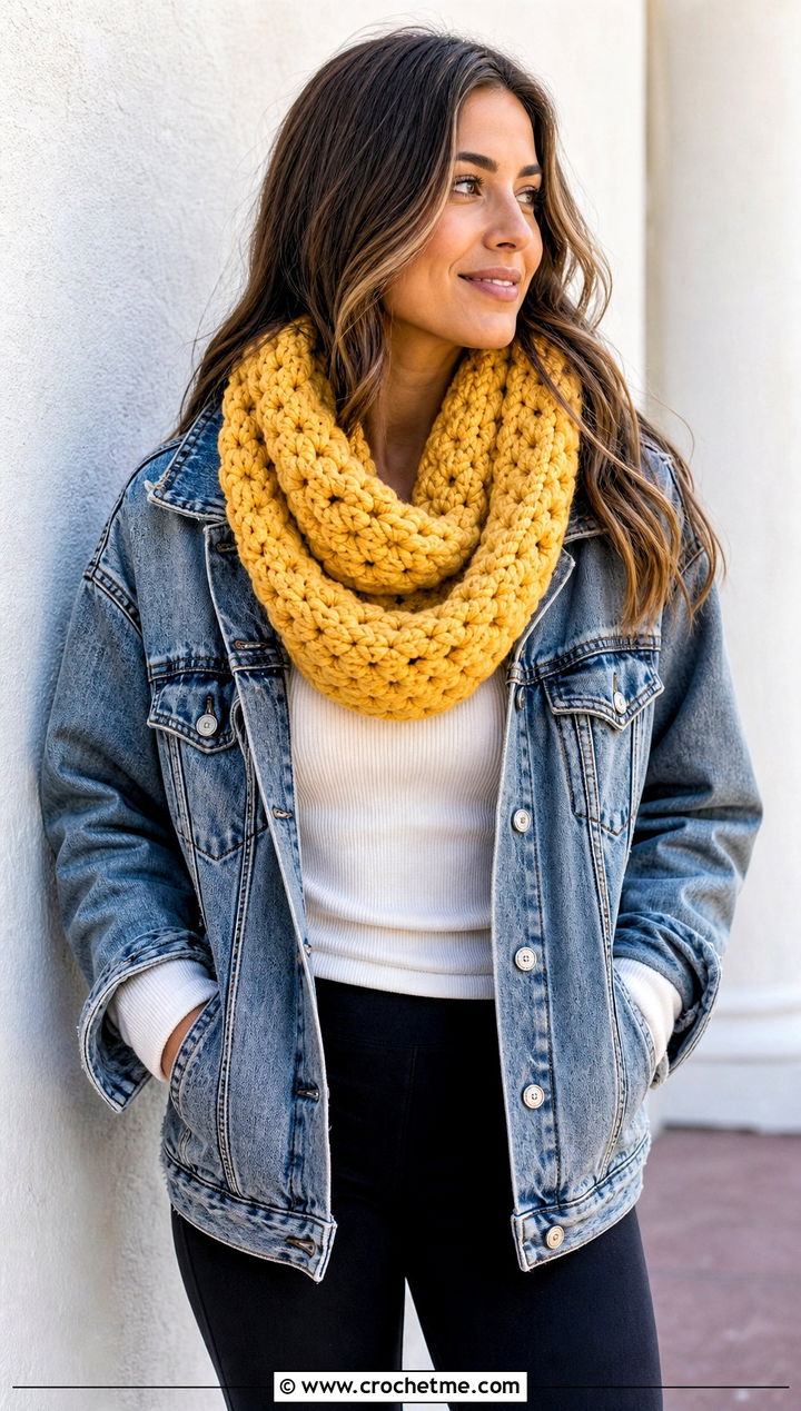 Chunky Infinity Crochet Scarf With Denim Jacket - 30 bulky yarn crochet scarf outfit ideas