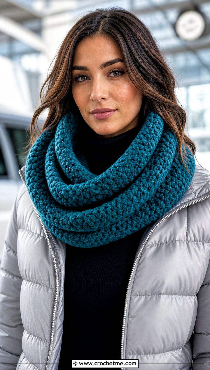 Chunky Infinity Crochet Scarf With Puffer Jacket - 25 Chunky Yarn Crochet Scarf outfit ideas