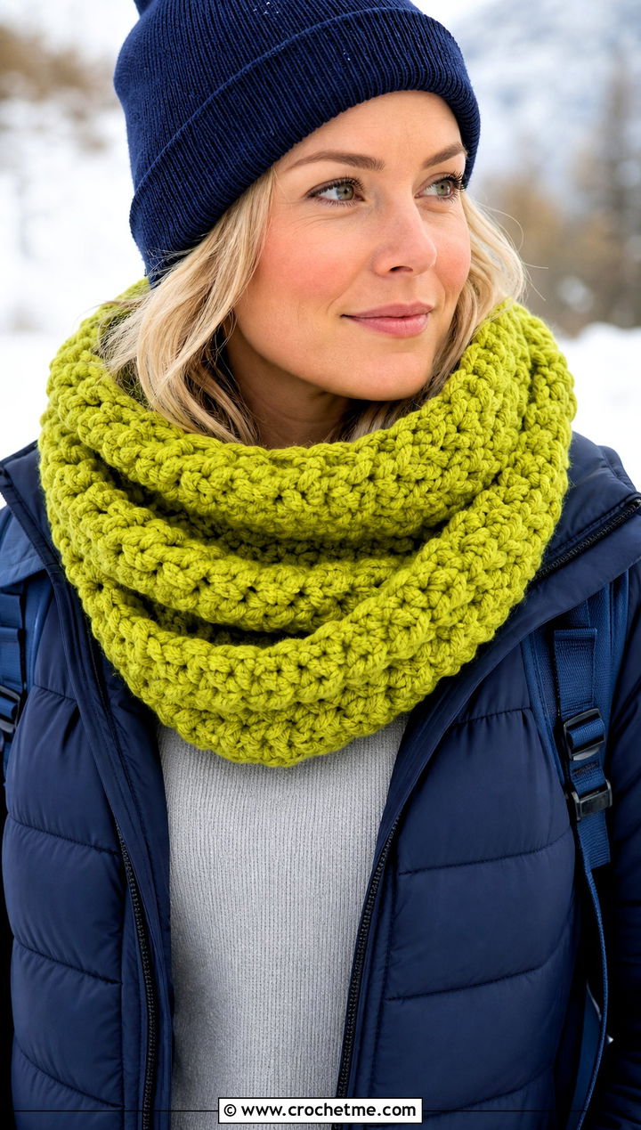 Chunky Infinity Crochet Scarf With Puffer Jacket - 15 Crochet Unisex Scarf outfit ideas