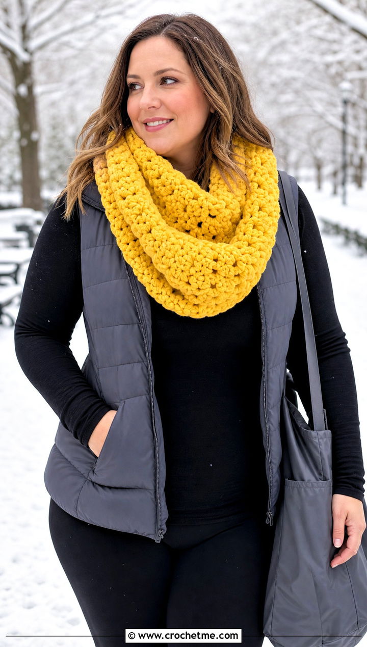Chunky Infinity Crochet Scarf With Puffer Vest - 25 Multifunctional Crochet Scarf outfit ideas