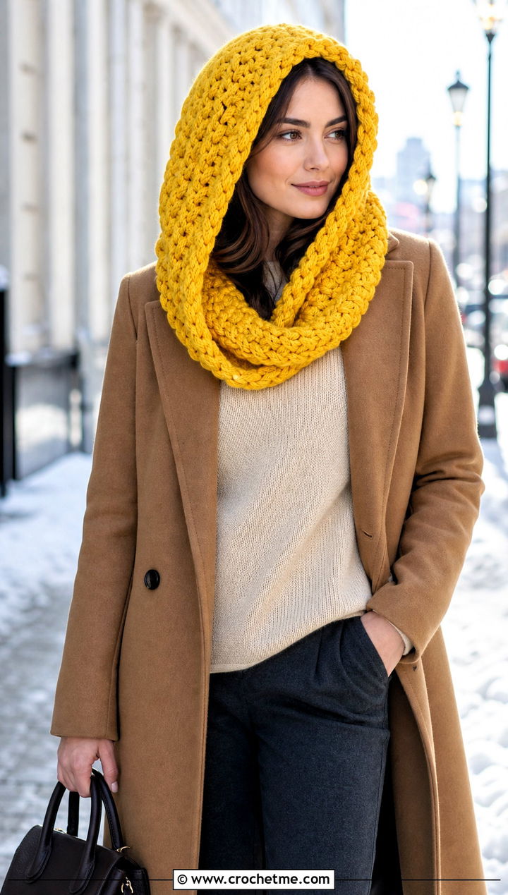 Chunky Katniss Crochet Hood With Tailored Coat - 15 katniss crochet hat outfit ideas