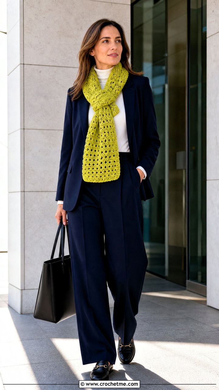 Chunky Keyhole Crochet Scarf With Blazer And Trousers - 35 chunky crochet scarf outfit ideas