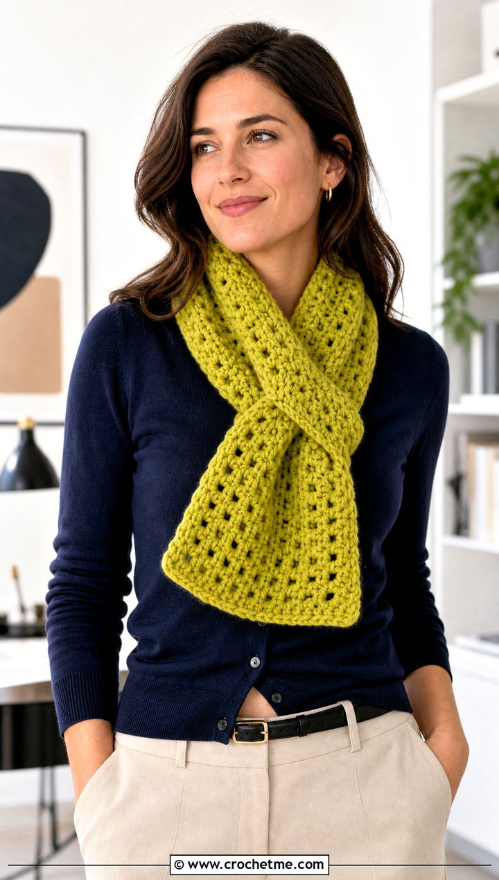 Chunky Keyhole Crochet Scarf With Cardigan And Trousers - 25 Chunky Yarn Crochet Scarf outfit ideas