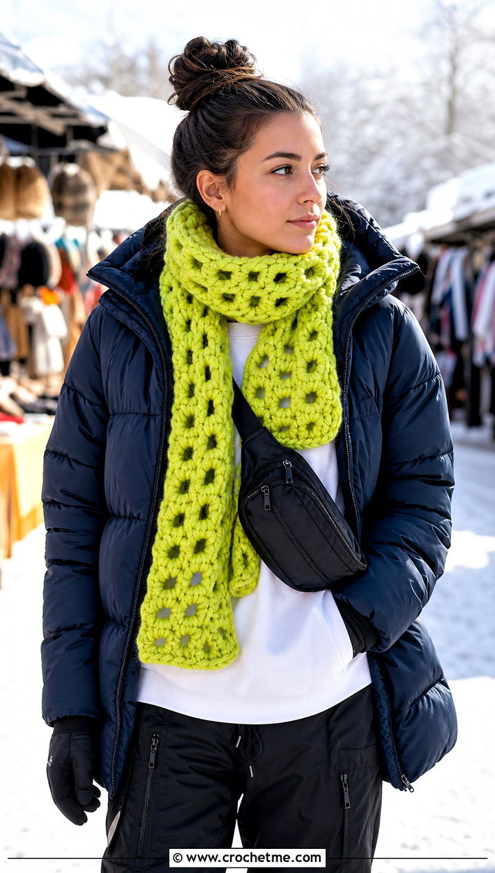 Chunky Keyhole Crochet Scarf With Puffer Jacket - 15 Key Hole Crochet Scarf outfit ideas