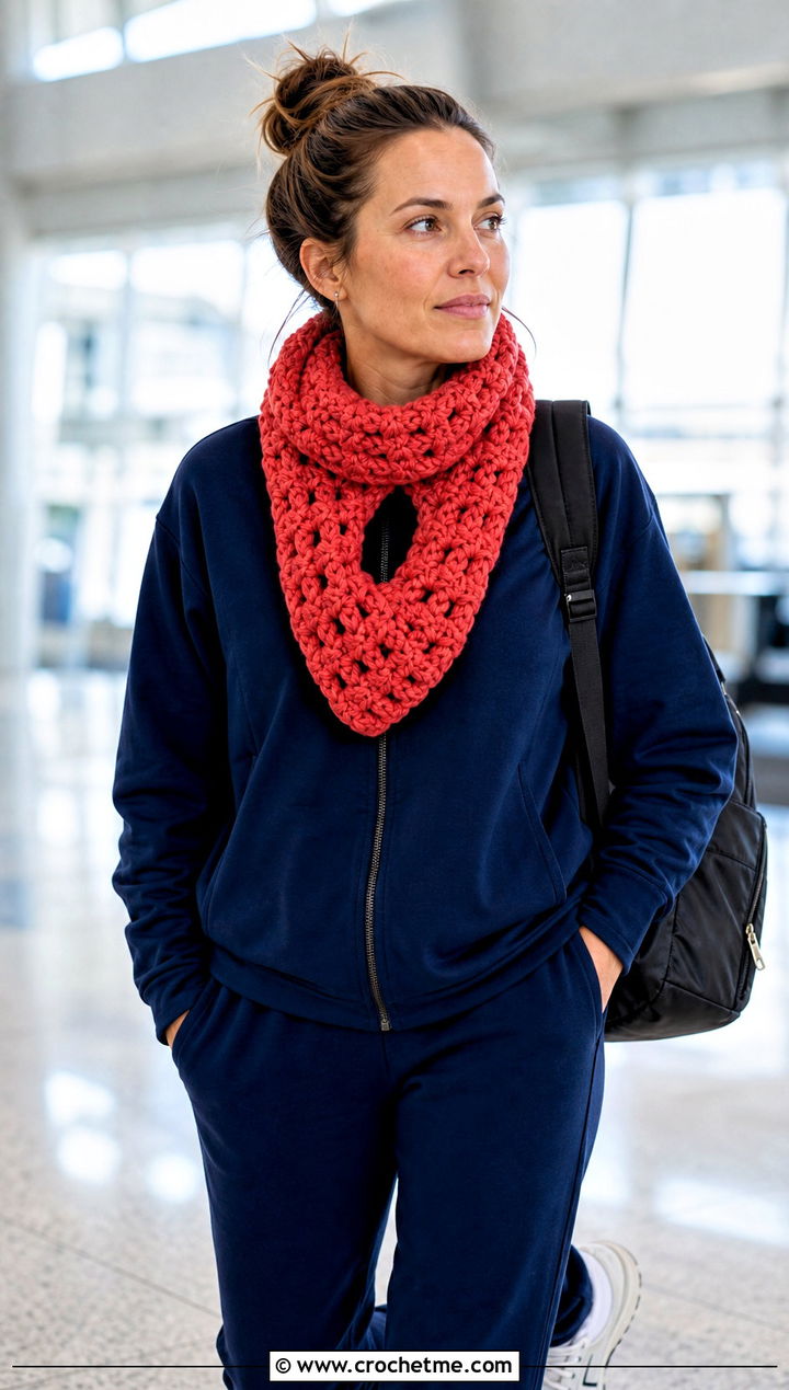 Chunky Keyhole Scarf With Athleisure Set - 15 Crocheted Keyhole Scarf outfit ideas