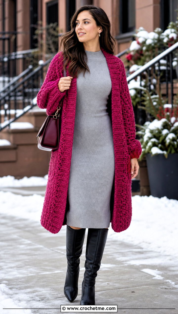 Chunky Kimono Cardigan With Knit Midi Dress - 25 kimono crochet cardigan outfit ideas