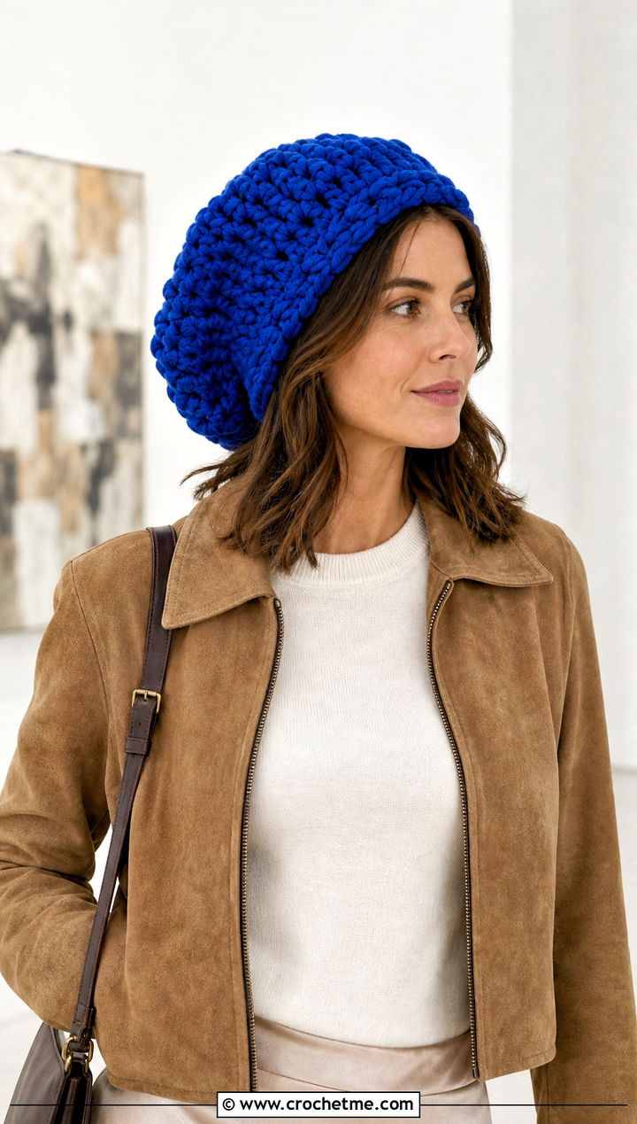 Chunky Knit Look Crochet Tam Hat With Satin Skirt - 25 Knit Look Crochet Hat outfit ideas