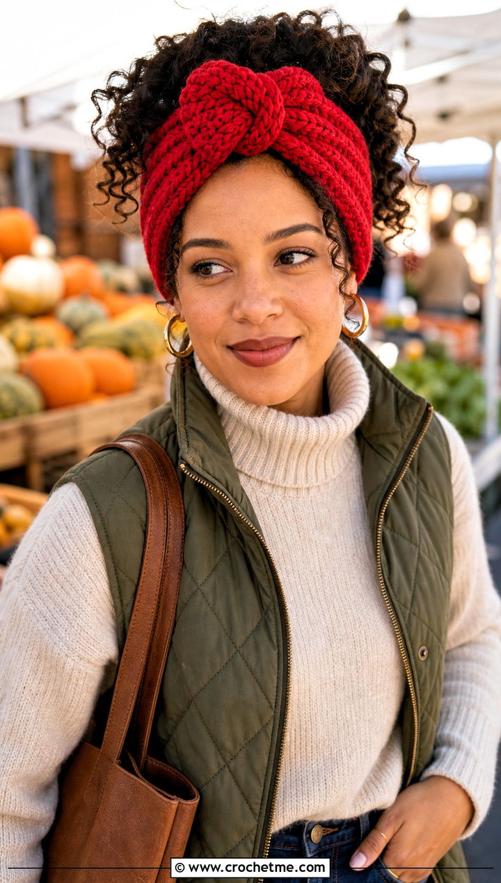 Chunky Knot Crochet Hair Wrap With Sweater And Jeans - 30 crochet hair wraps outfit ideas