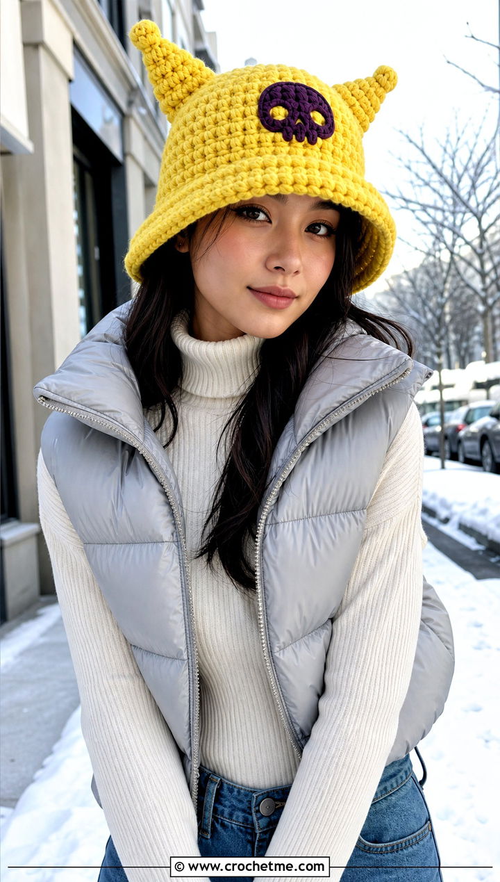 Chunky Kuromi Crochet Bucket Hat With Puffer Vest - 15 Kuromi Crochet Bucket Hat outfit ideas