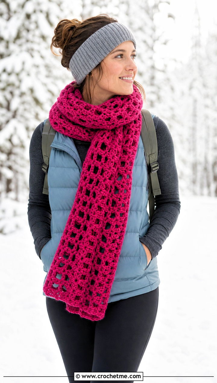 Chunky Lace Crochet Scarf With Puffer Vest And Leggings - 30 easy crochet lace scarf outfit ideas