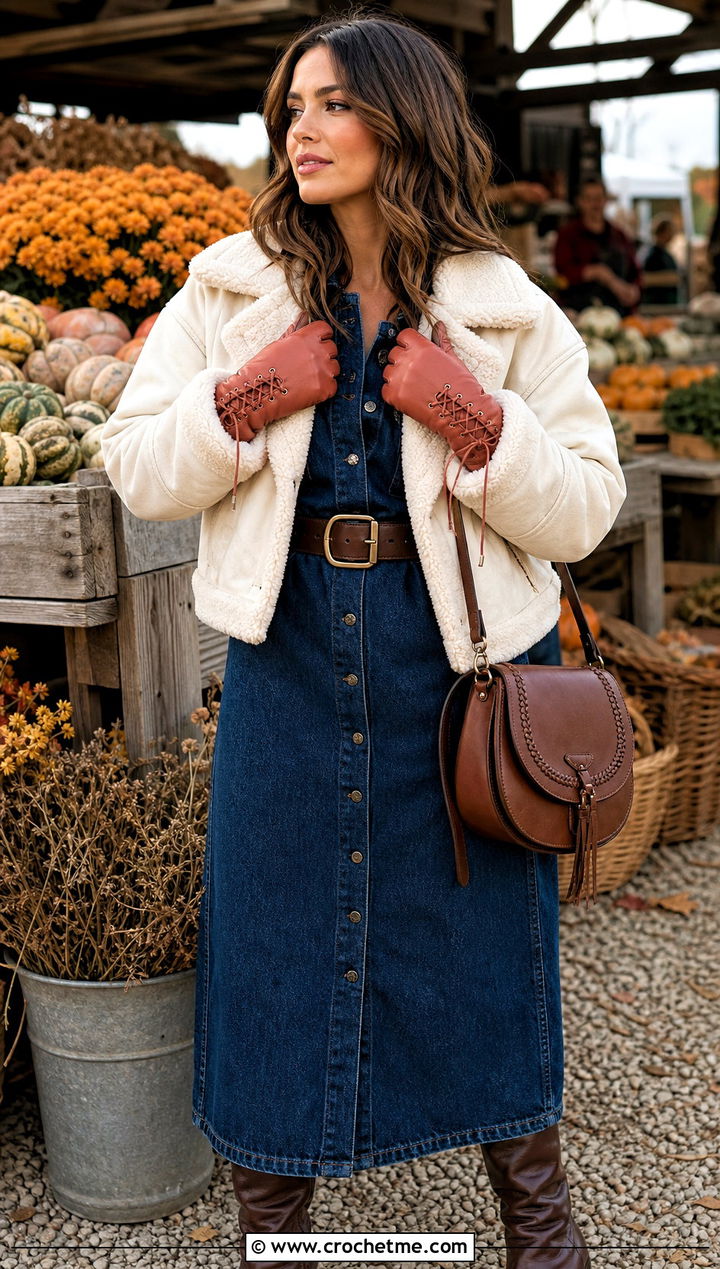 Chunky Lace Up Cuff Gloves With Denim Dress - 25 Chunky Crochet Gloves outfit ideas