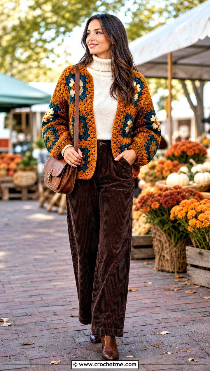 Chunky Large Granny Square Sweater With Corduroy Pants - 35 large granny square sweater outfit ideas