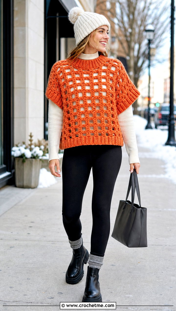 Chunky Lattice Crochet Grid Sweater With Leggings - 30 crochet grid sweater outfit ideas