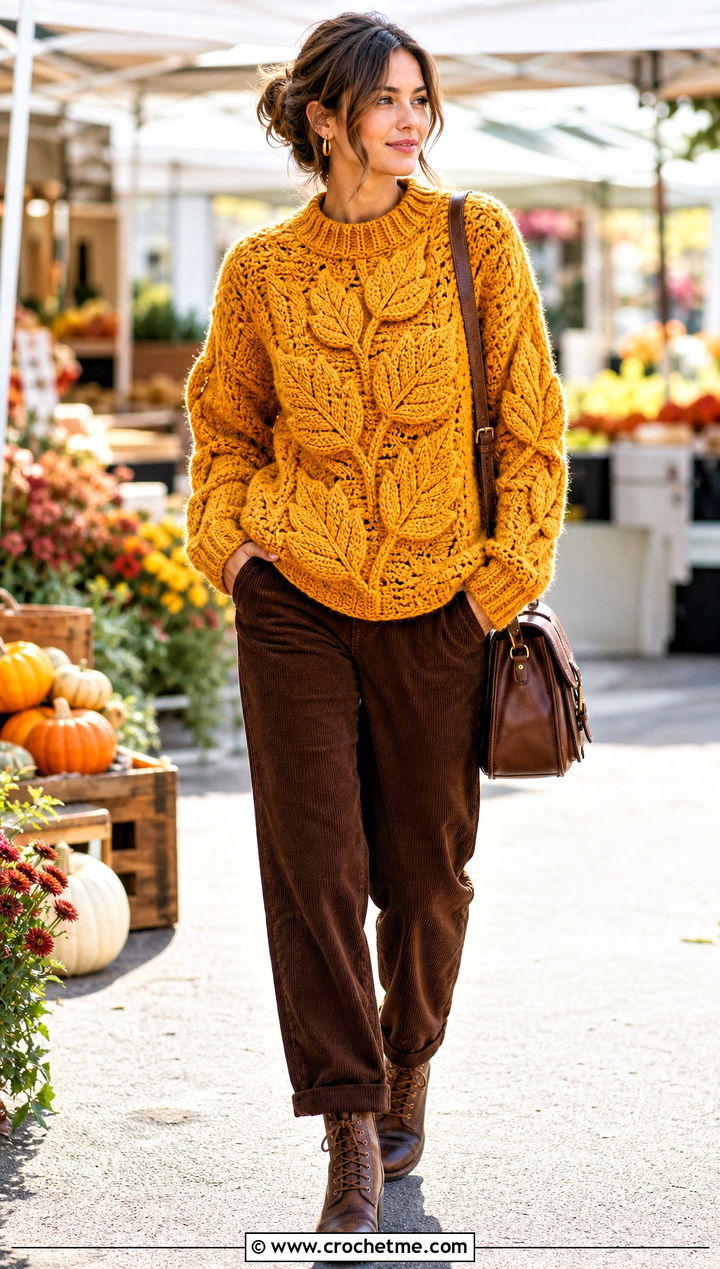 Chunky Leaf Crochet Sweater With Corduroy Pants - 25 crochet leaf sweater outfit ideas