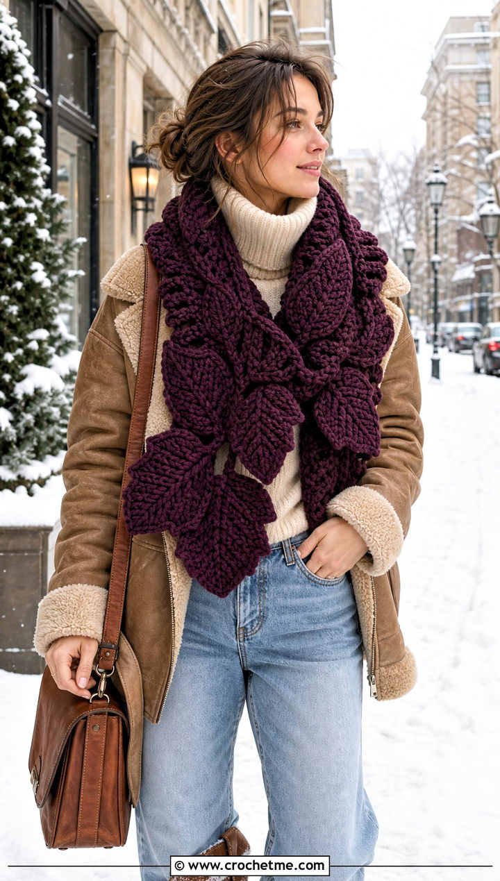 Chunky Leaf Scarf With Shearling Jacket - 25 crochet leaf scarf outfit ideas