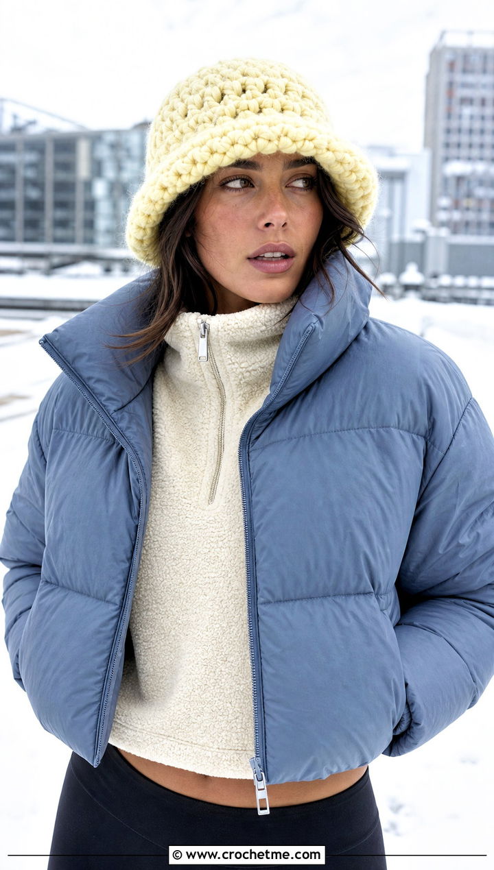 Chunky Lemon Crochet Bucket Hat With Puffer Jacket - 25 Lemon Crochet Bucket Hat outfit ideas