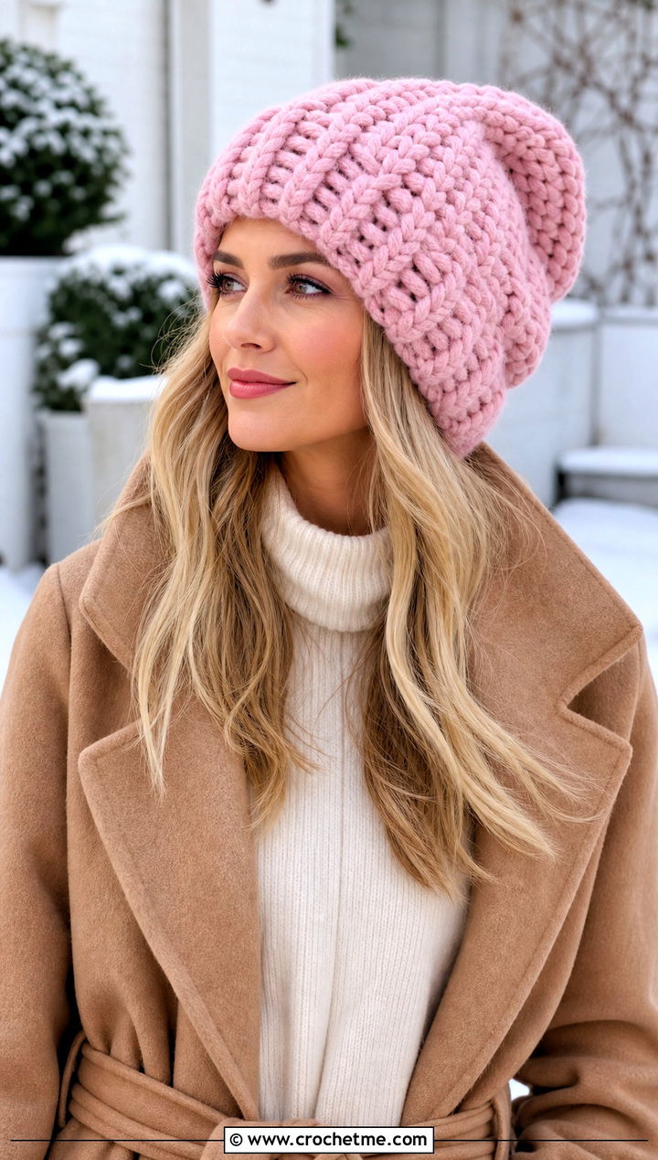 Chunky Long Crochet Beanie With Sweater Dress - 30 crochet long hat outfit ideas