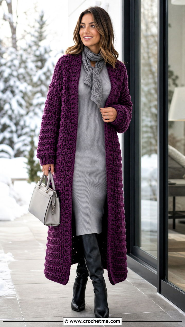 Chunky Long Crochet Duster With Knit Dress - 25 Long Crochet Duster outfit ideas