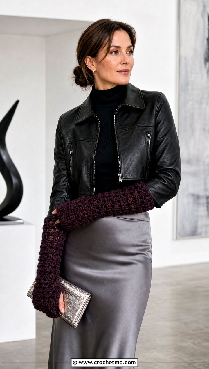 Chunky Long Gauntlet Gloves With Leather Jacket - 25 Chunky Crochet Gloves outfit ideas