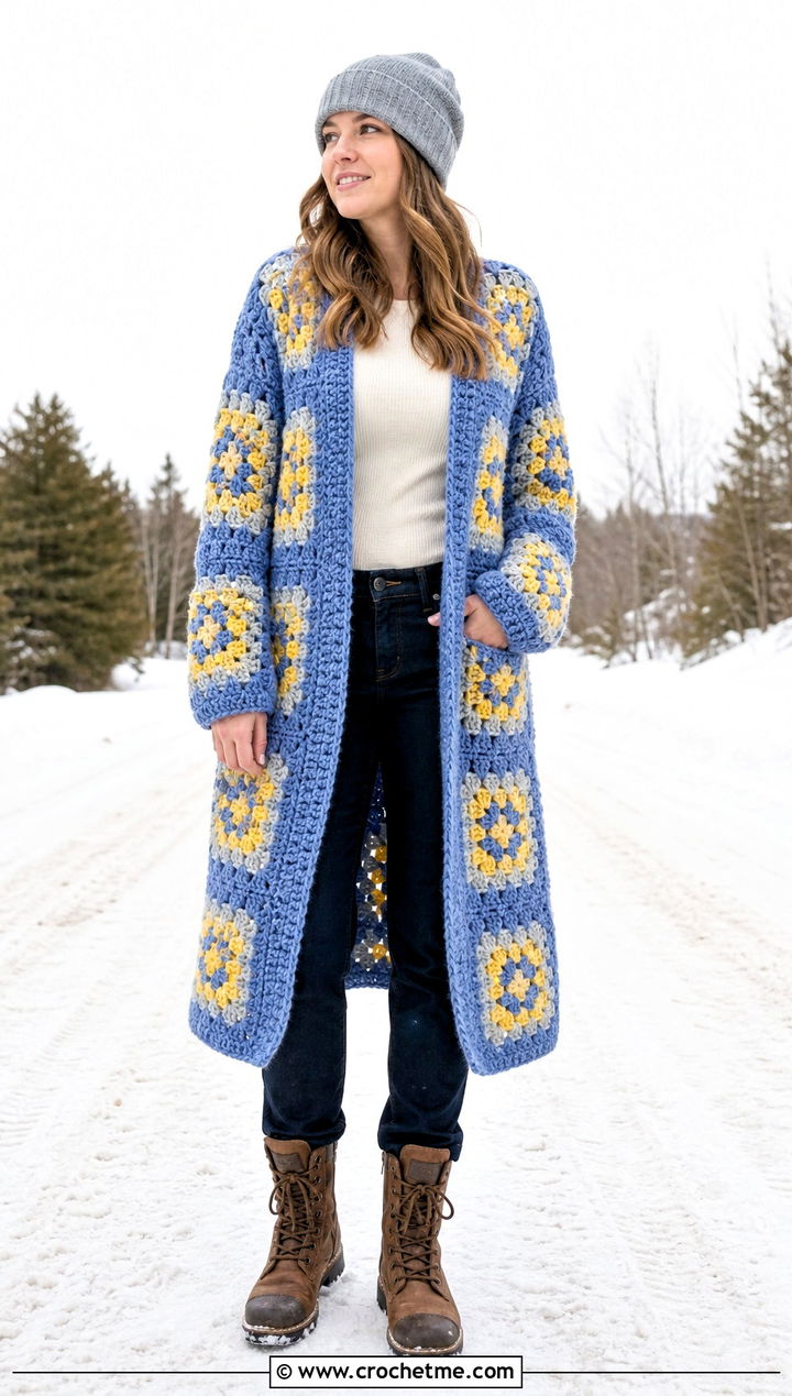 Chunky Long Granny Square Cardigan With Thermal Top - 35 long granny square cardigan outfit ideas