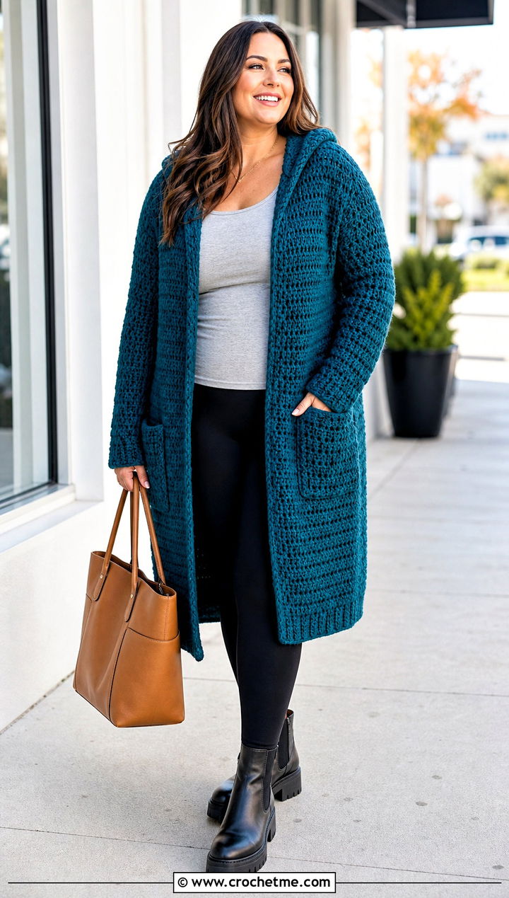 Chunky Long Hooded Cardigan With Leggings And Boots - 25 crochet long hooded cardigan outfit ideas