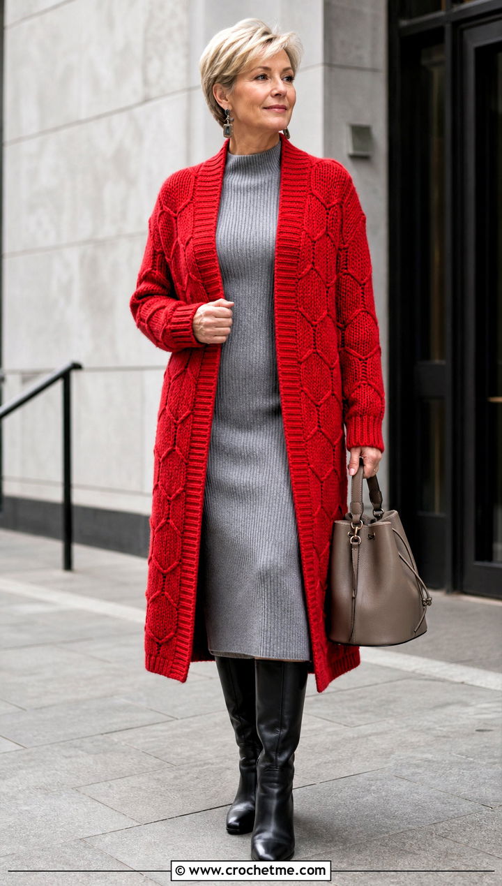 Chunky Longline Hexagon Cardigan With Ribbed Knit Dress - 30 chunky crochet hexagon cardigan outfit ideas