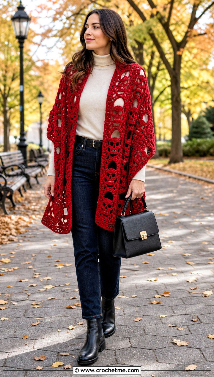 Chunky Lost Souls Shawl With Sweater And Jeans - 35 crochet lost souls shawl outfit ideas