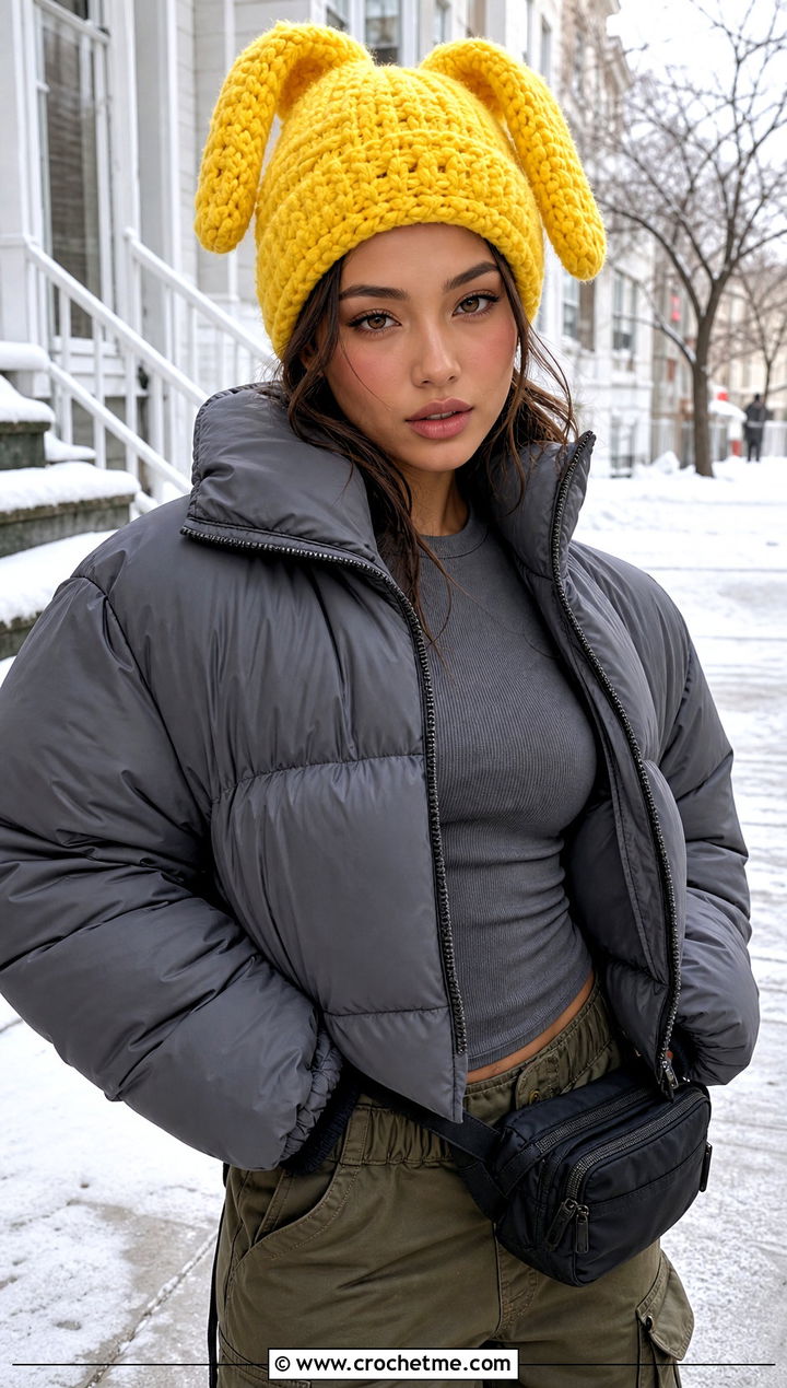 Chunky Louise Crochet Bunny Ear Hat With Puffer Jacket And Cargo Pants - 25 Louise Crochet Hat outfit ideas
