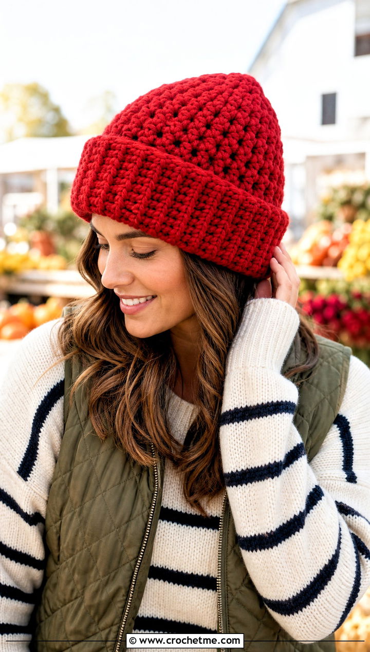 Chunky Magic Circle Crochet Beanie With Quilted Vest - 25 Crochet Beanie Magic Circle outfit ideas