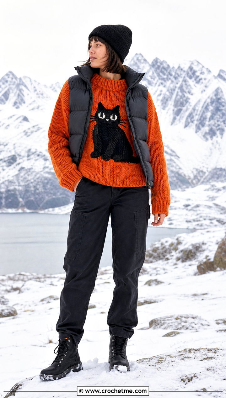 Chunky Marceline Cat Sweater With Puffer Vest - 30 crochet marceline sweater outfit ideas