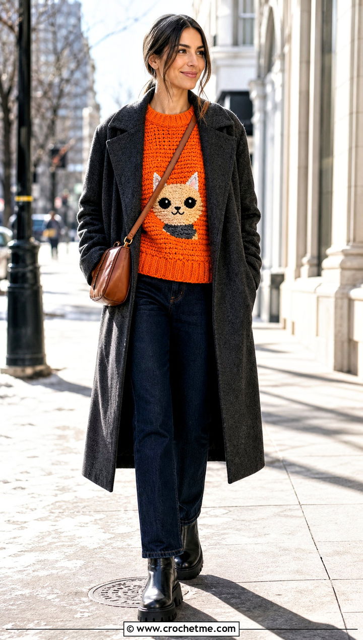 Chunky Marceline Cat Sweater With Straight Leg Jeans - 30 crochet marceline sweater outfit ideas