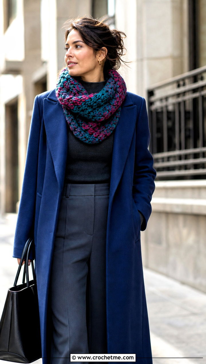 Chunky Marled Crochet Cowl With Long Maxi Coat - 30 chunky crochet cowl outfit ideas