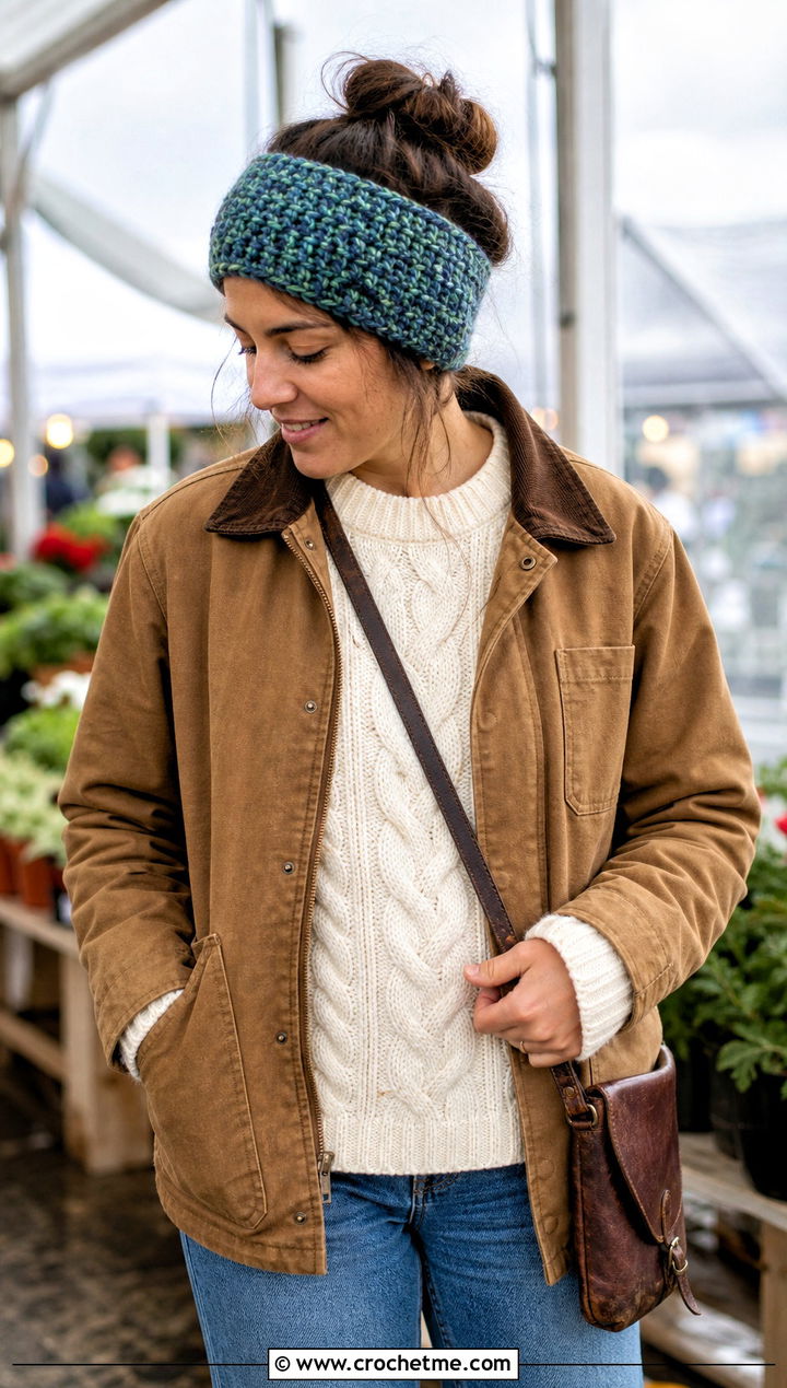 Chunky Marled Crochet Ear Warmer With Barn Jacket - 30 chunky yarn crochet ear warmer outfit ideas