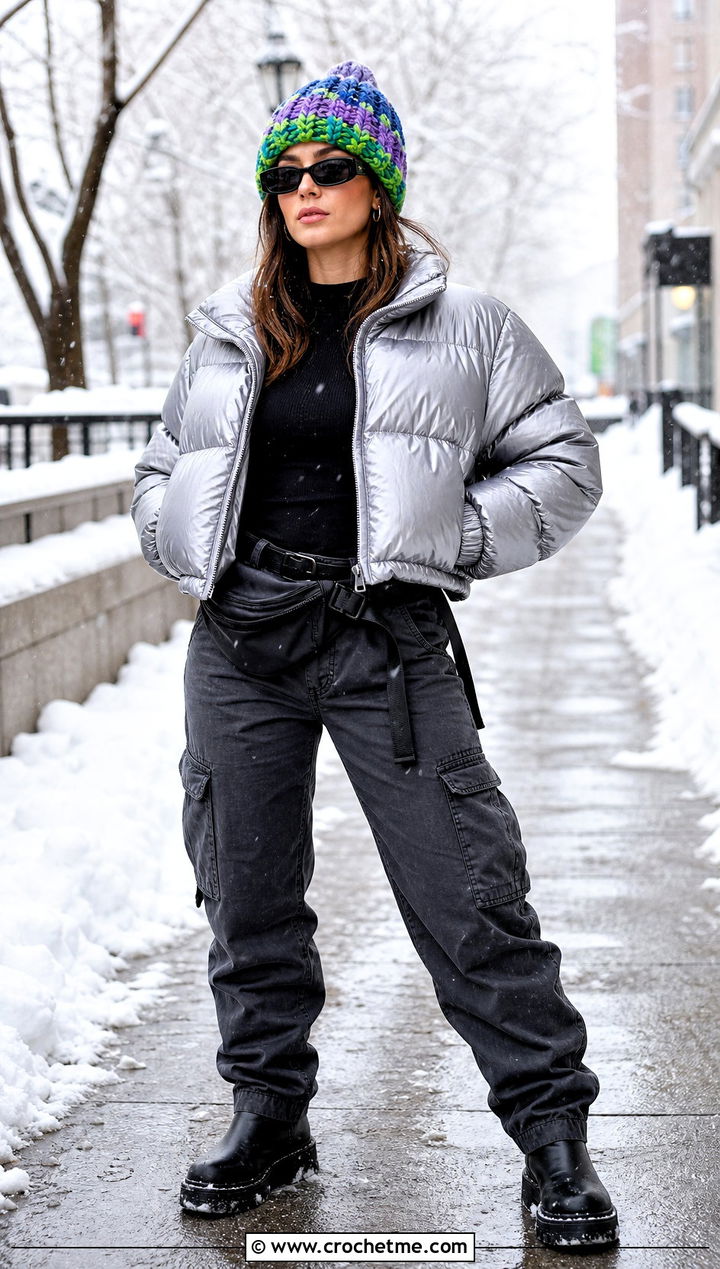 Chunky Marled Scrap Beanie With Puffer Jacket - 35 crochet scrap beanie outfit ideas