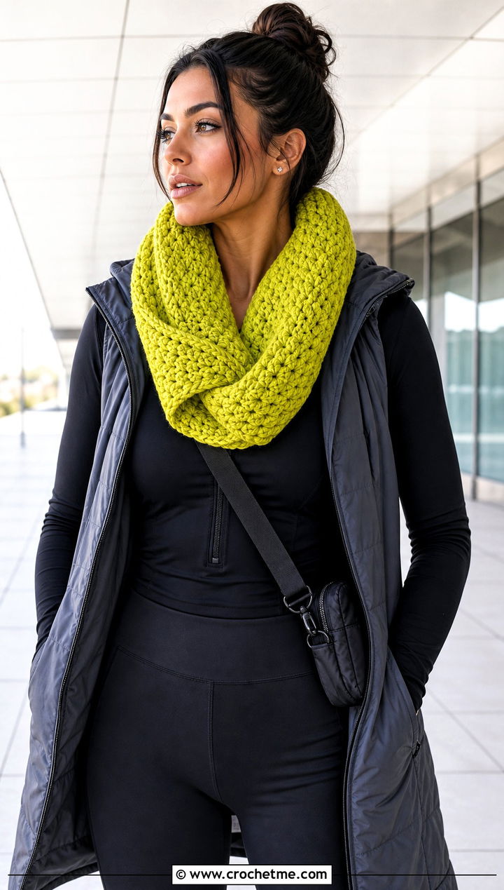 Chunky Mbius Crochet Infinity Scarf With Athleisure Outfit - 20 Chunky Crochet Infinity Scarf outfit ideas