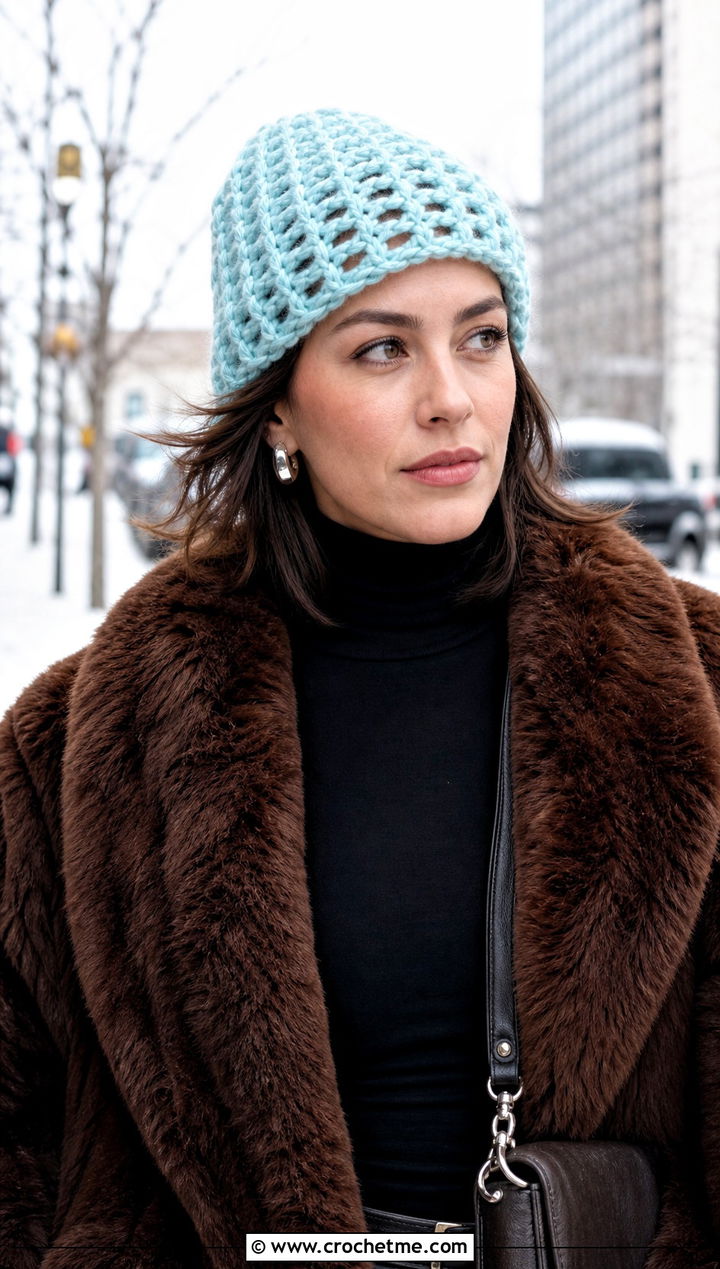 Chunky Mesh Crochet Beanie With Faux Fur Coat - 25 crochet mesh beanie outfit ideas