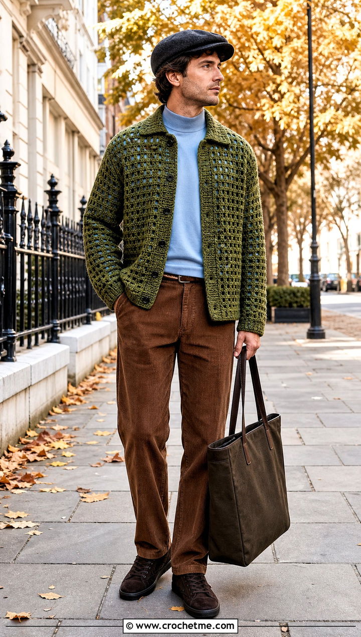Chunky Mesh Crochet Overshirt With Corduroy Pants - 25 Men Crochet Mesh Shirt outfit ideas