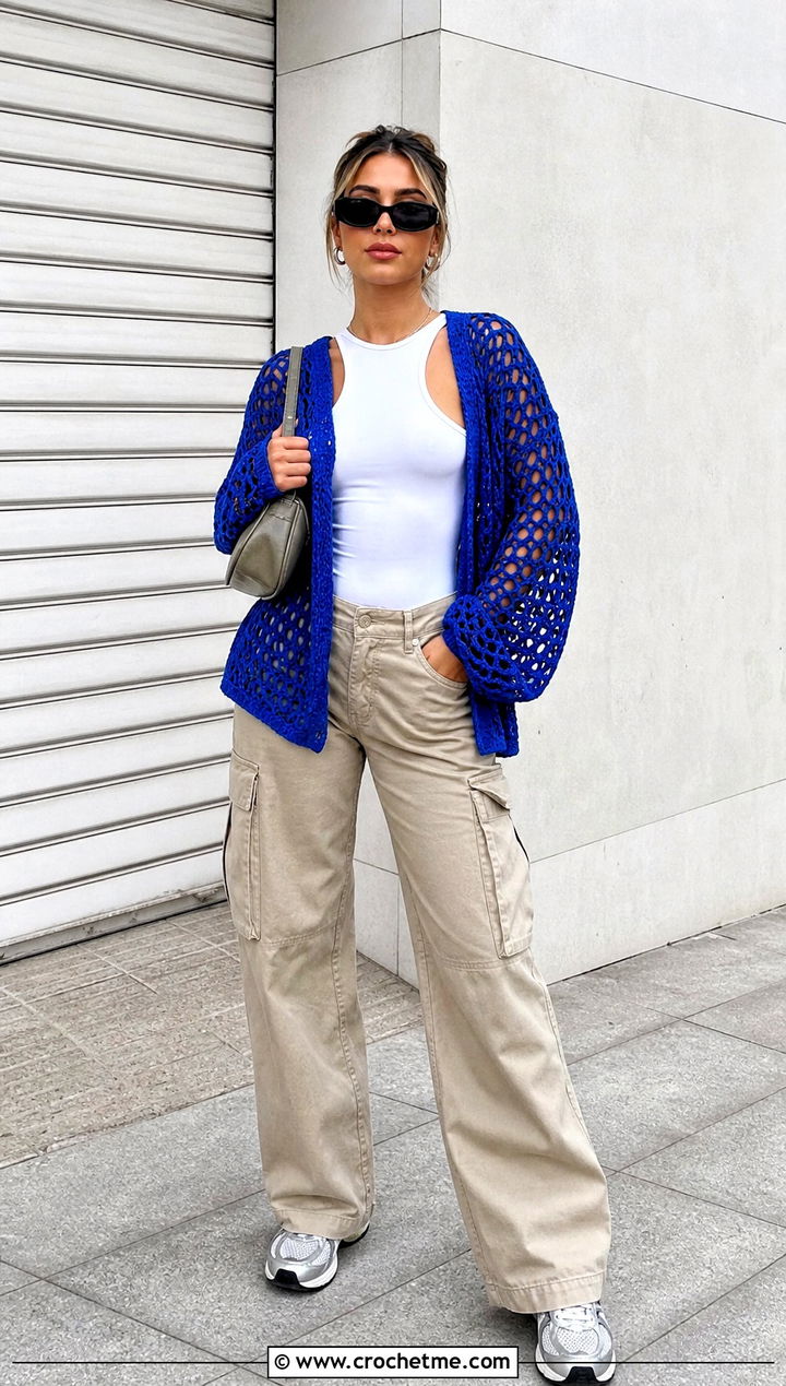 Chunky Mesh Crochet Slouchy Cardigan With Cargo Pants - 20 Crochet Slouchy Cardigan outfit ideas