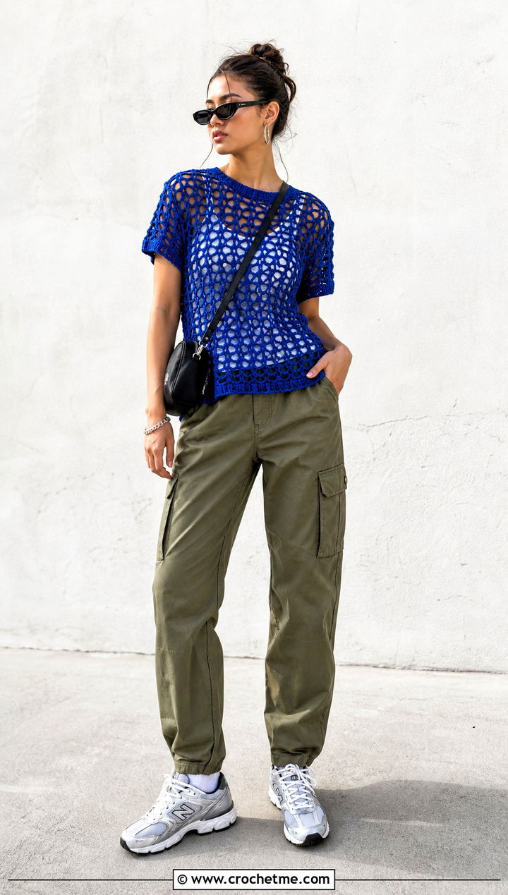 Chunky Mesh Crochet Tee With Cargo Pants - 15 intermediate crochet tee outfit ideas