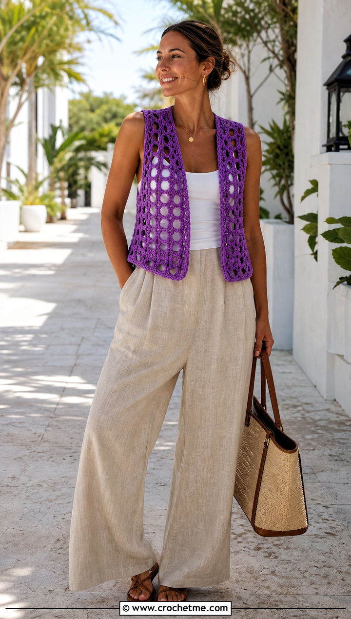 Chunky Mesh Crochet Vest With Linen Pants - 30 crochet chunky vest outfit ideas