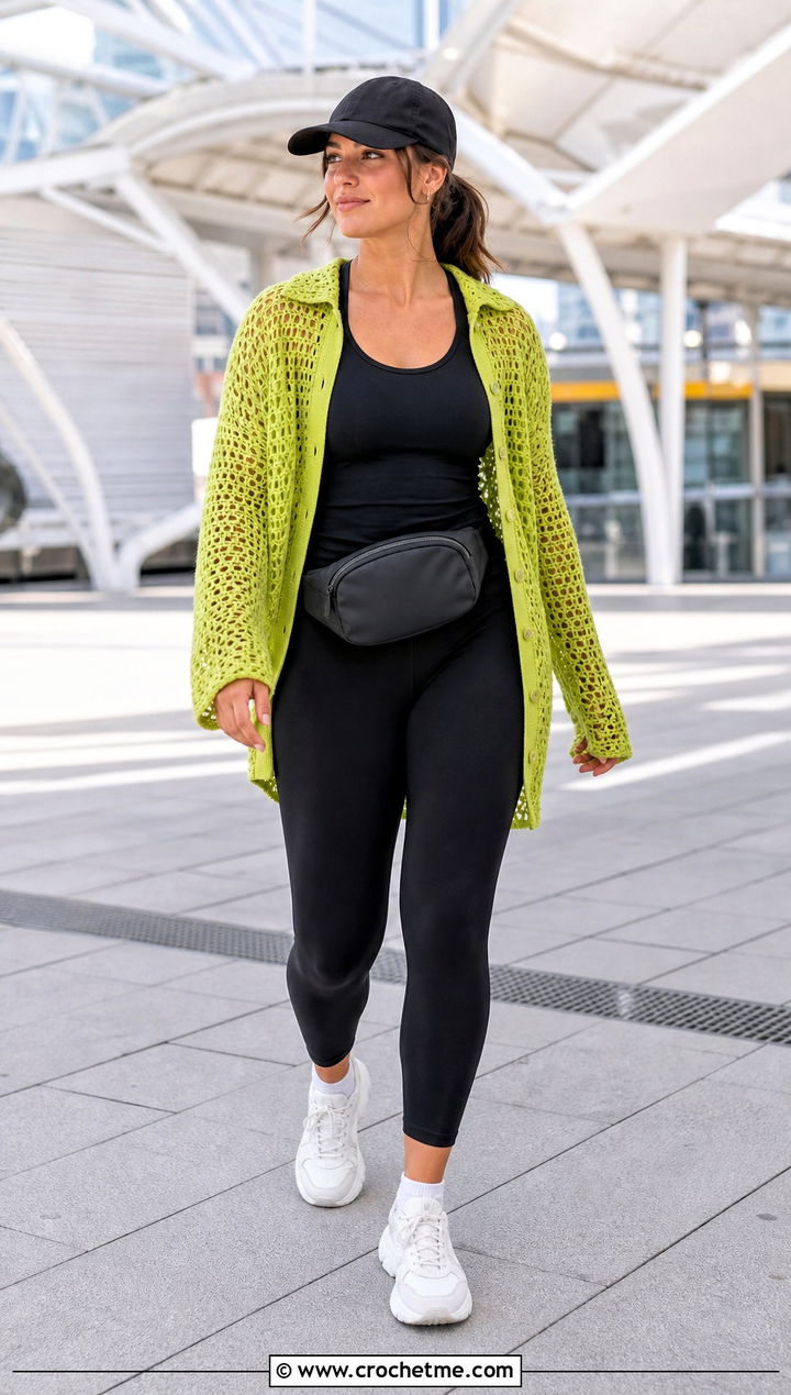 Chunky Mesh Overshirt With Leggings - 30 crochet unisex shirt outfit ideas