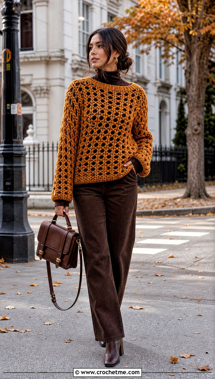 Chunky Mesh Pullover With Corduroy Trousers - 20 Crochet Mesh Pullover outfit ideas