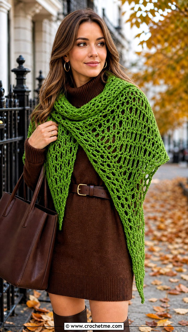 Chunky Mesh Triangle Shawl With Sweater Dress - 30 Crochet Mesh Triangle Shawl outfit ideas