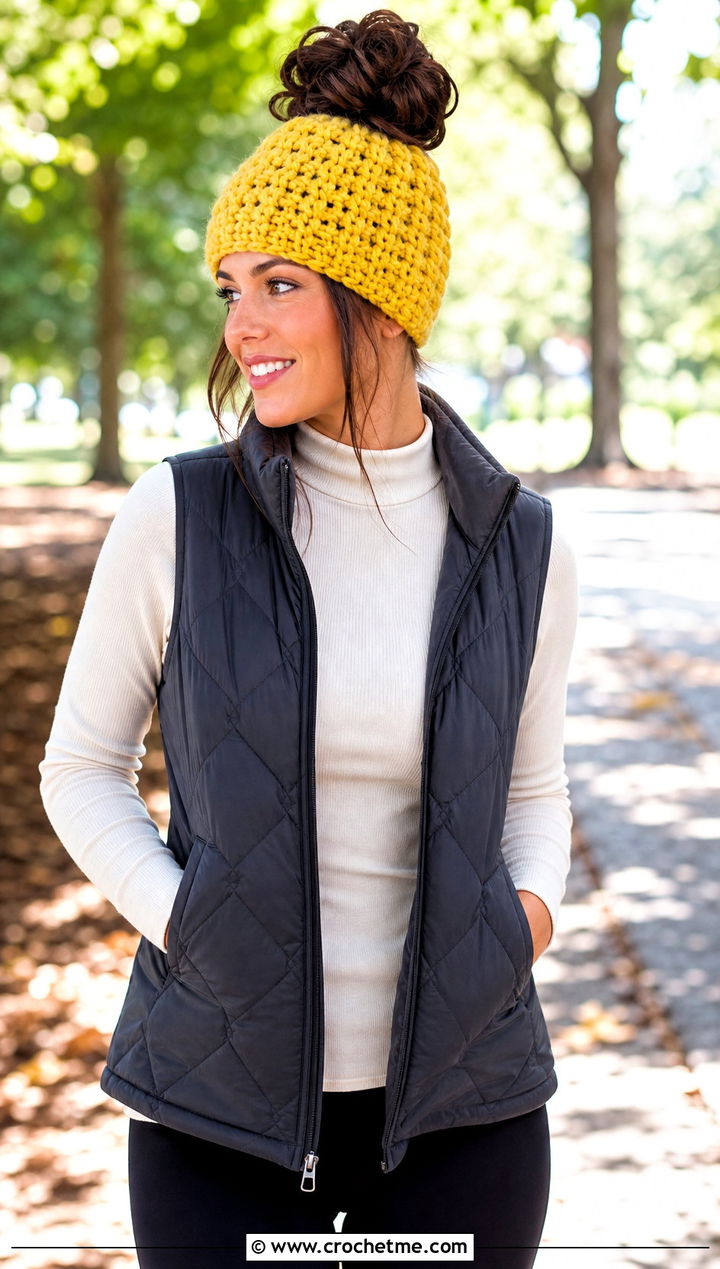 Chunky Messy Bun Crochet Beanie With Puffer Vest - 30 easy messy bun crochet beanie outfit ideas