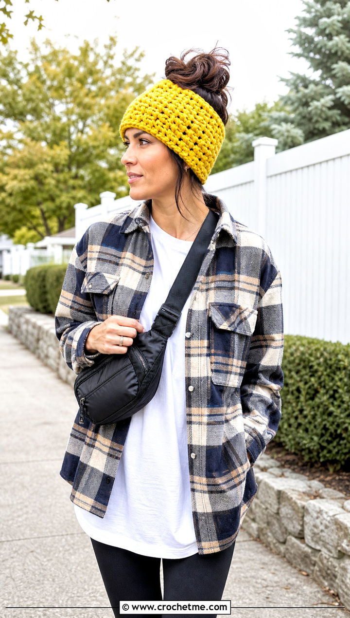 Chunky Messy Bun Crochet Hat With Shacket And Leggings - 25 Easy Messy Bun Crochet Hat outfit ideas