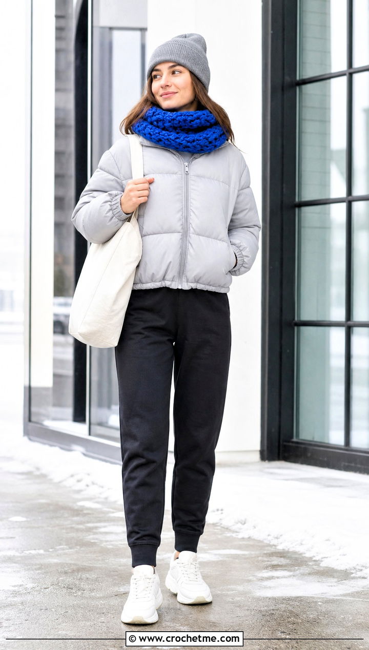 Chunky Mini Crochet Scarf With Puffer Jacket And Joggers - 35 small crochet scarf outfit ideas