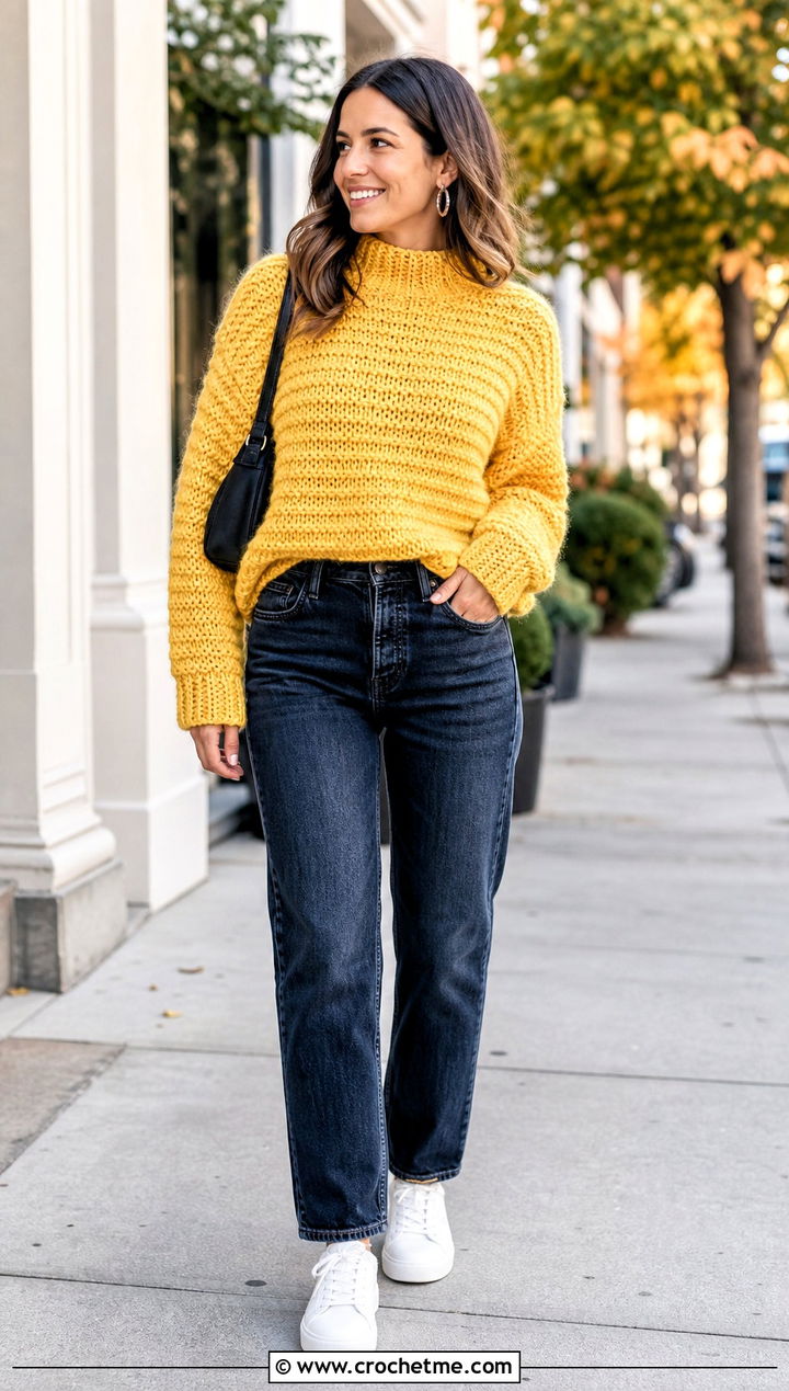 Chunky Mock Neck Crochet Sweater With Straight Jeans - 30 crochet high neck sweater outfit ideas