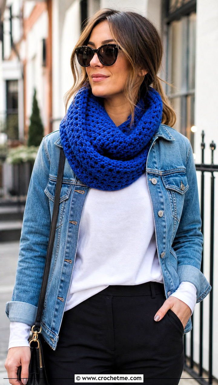 Chunky Moebius Crochet Cowl With Denim Jacket - 30 chunky crochet cowl outfit ideas