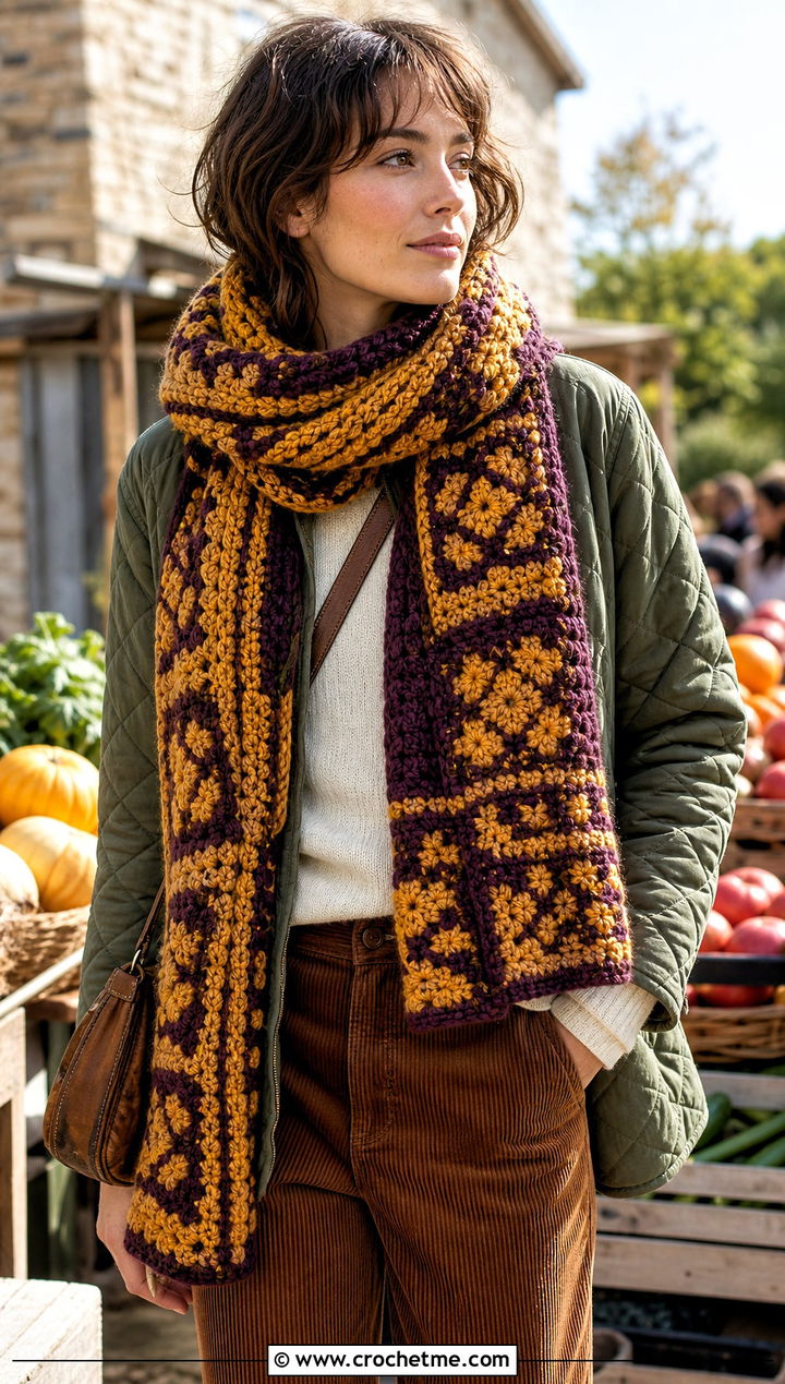 Chunky Mosaic Crochet Scarf With Quilted Jacket - 25 Mosaic Crochet Scarf outfit ideas